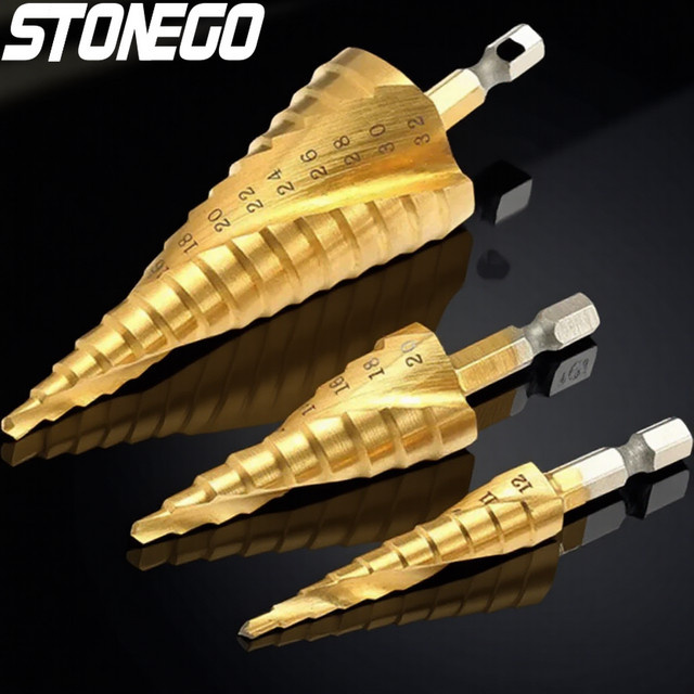 STONEGO HSS Spiralrillen-Mittelbohrer mit Titan-Beschichtung und Vollhartmetall-Stufenkegel-Zubehör - Bild 1