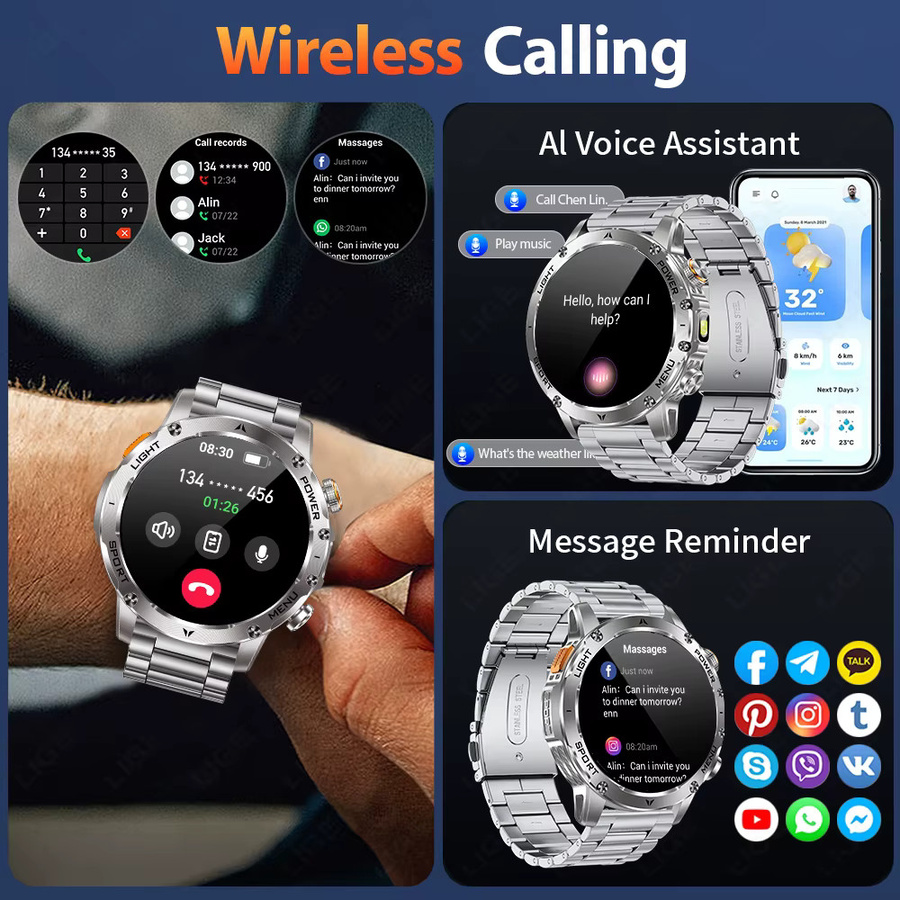 LIGE Smartwatch für Herren mit AMOLED-Display, Herzfrequenzmesser, Bluetooth-Anruffunktion und IP68 Wasserdichtigkeit in Schwarz und Silber - Bild 3