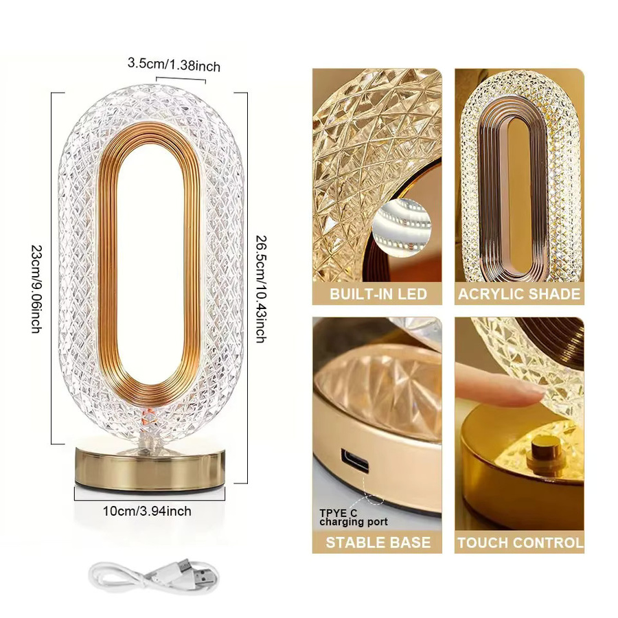 Moderne LED Tischlampe aus Metall und Kristall in Gold/Messing mit Touch-Schalter und USB-Ladung für Büro und Schlafzimmer - Bild 3