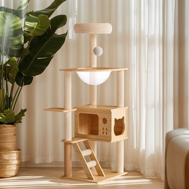 GUANGLIE Moderner Katzenturm aus Holz mit Acryl-Hängematte und Höhle in Beige und Gelb mit Sisal-Kratzbäumen und Sitzstange, Höhe: 124 cm - Bild 1