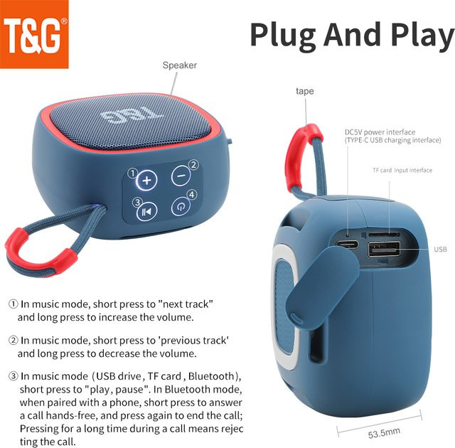 T&G Bluetooth Mini Lautsprecher TG659 Blau – Tragbarer TWS HIFI Sound Lautsprecher mit BT 5.3, Radio und TF-Kartenslot - Bild 1