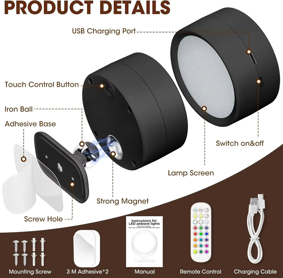 XIWANGFIRE Magnetische LED-Wandleuchte in Schwarz, dimmbar mit Fernbedienung und Touch-Funktion, 360 Grad rotierbare Bildleuchte und Nachtlampe mit wiederaufladbarem Akku - Bild 6