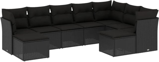 vidaXL 9-tlg. Garten-Sofagarnitur in U-Form aus Poly-Rattan mit Kissen und Stauraum, Schwarz - Bild 1