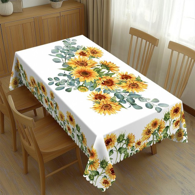 Wasserdichte Polyester Tischdecke mit Aquarell Sonnenblume und Eukalyptus von Fancy Style Studio, Grau/Weiß, B: 90 cm, T: 140 cm - Bild 1