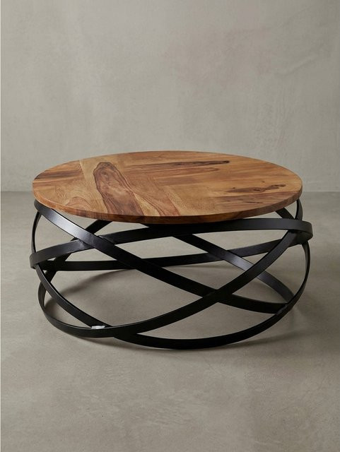 Runder Couchtisch aus Massivholz und Metall von KADIMA DESIGN in Braun im Industrial Design, B/T/H: 60 x 30 x 60 cm - Bild 1