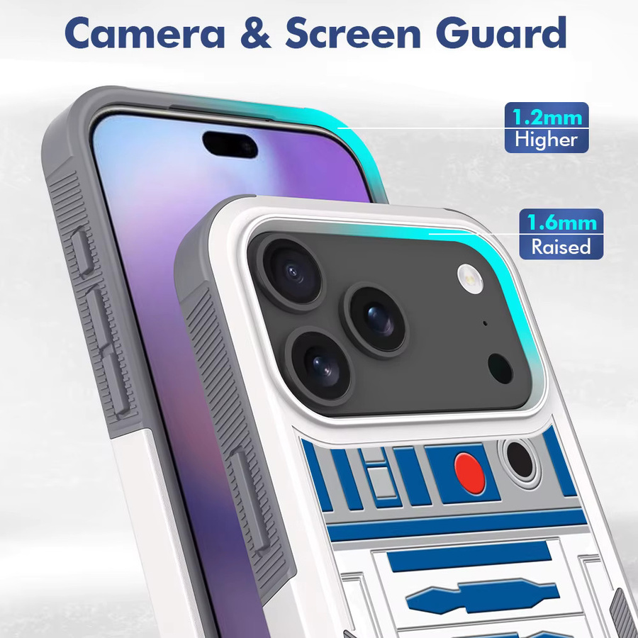 Schutzhülle für Apple iPhone 16E, iPhone 17 Air und iPhone 17 Pro Max mit R2D2-Roboter-Druck, doppelschichtige Stoßdämpfung aus hartem PC und Silikon, Farbe: Weiß - Bild 2