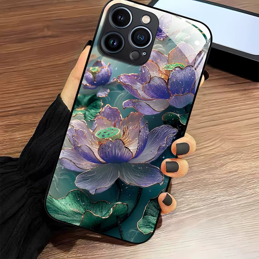 Handyhülle mit gehärtetem Glas und Lotusblumen-Design für Apple iPhone 17 Pro Max, 16 Pro Max, 15, 14, 13, 12 und 16E in Multicolour - Bild 3