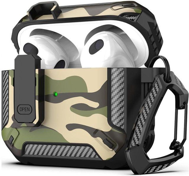 Robuste Full Body Schutzhülle für Apple AirPods Pro 3 / 2 und AirPods 4 in Camouflage Grün mit Schloss und militärischem Design - Bild 1