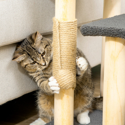 PawHut Katzentreppe 3-stufig aus Kiefernholz in Grau mit integriertem Spielzeug und Teddystoff, H x B x T: 48 x 45 x 40 cm - Bild 4