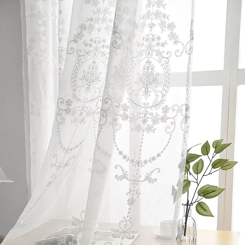 ELKCA Transparenter Vorhang mit weißem geometrischem Blumenmuster aus Voile und Tüll, Stangentasche, Breite: 100 cm, Höhe: 200 cm - Bild 3