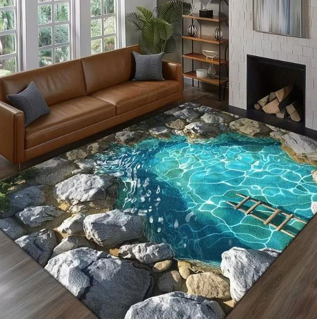 Abstrakter 3D-Landschaftsteppich mit realistischer Höhle und Ozean, weiche Matte für Wohnzimmer, Küche oder Schlafzimmer, B/T: 120 x 80 cm - Bild 1