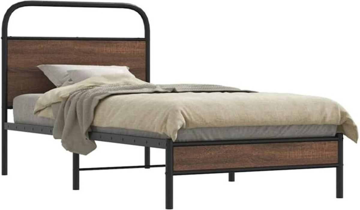 Vidaxl Einzelbett Bettgestell in Braun mit Eichen-Optik aus Holz und Stahl im Industrial-Stil, B/T: 100 x 200 cm - Bild 1
