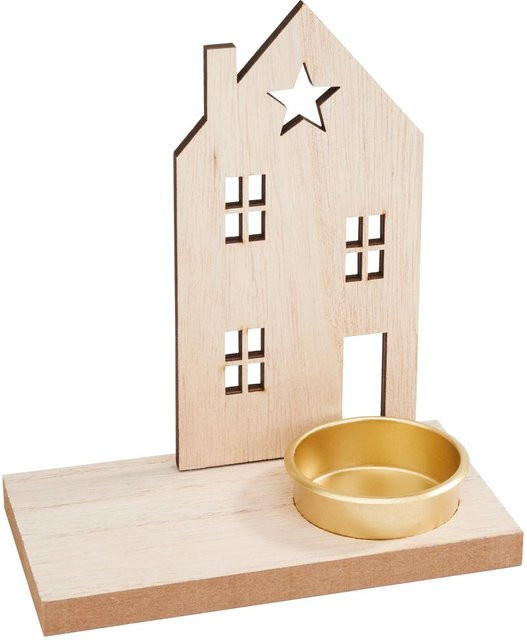 VBS Teelichthalter Weihnachtshaus in Beige im rustikalen Design, B/T/H: 12,0 x 13,5 x 6,5 cm - Bild 1