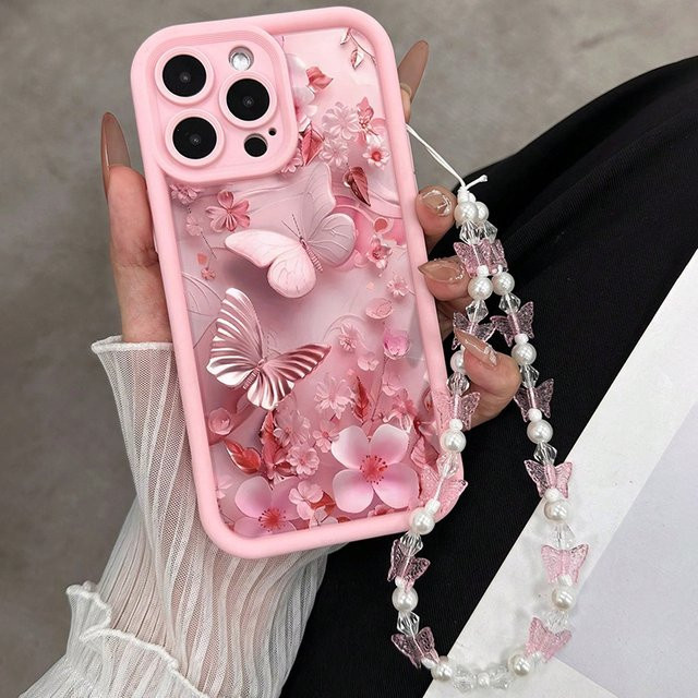 Handyhülle mit Blumen und Schmetterling Charm in Rosa für iPhone 11 bis iPhone 17 Pro Max, Silikon Soft Cover - Bild 1