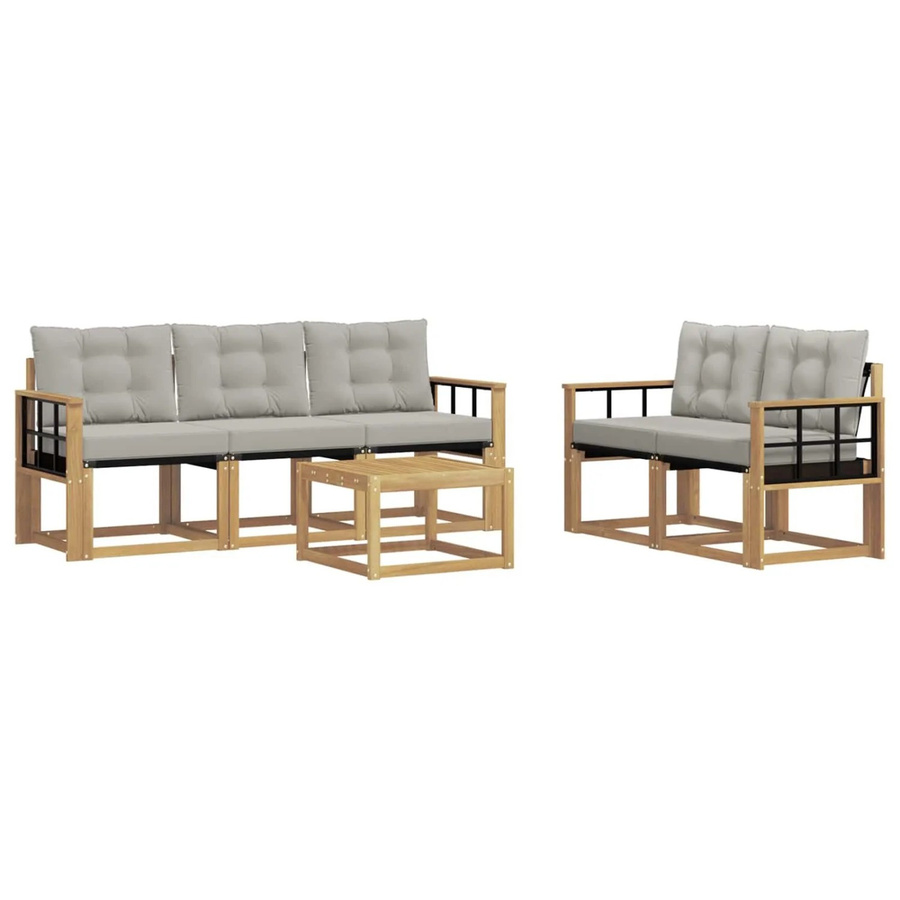 vidaXL Outdoor-Sofagarnitur 6-teilig aus Akazienholz und Textilene in Weiß-Hellgrau mit Kissen und Tisch - Bild 2