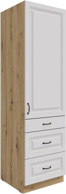 Küchen Hochschrank Stilo in Weiß und Eiche Artisan mit 3 Schubkästen und einer Tür, Breite: 60 cm - Bild 1
