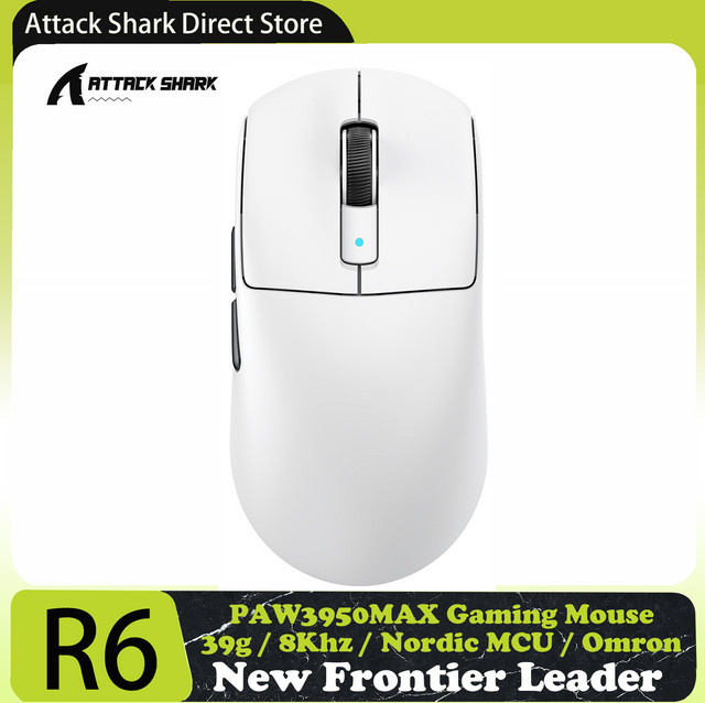 ATTACK SHARK R6 PAW3950MAX Kabellose Gaming-Maus in Weiß mit 8 kHz Polling, ultraleicht 39 g, Nordic 52840 MCU und optischen Omron-Mikroschaltern - Bild 1