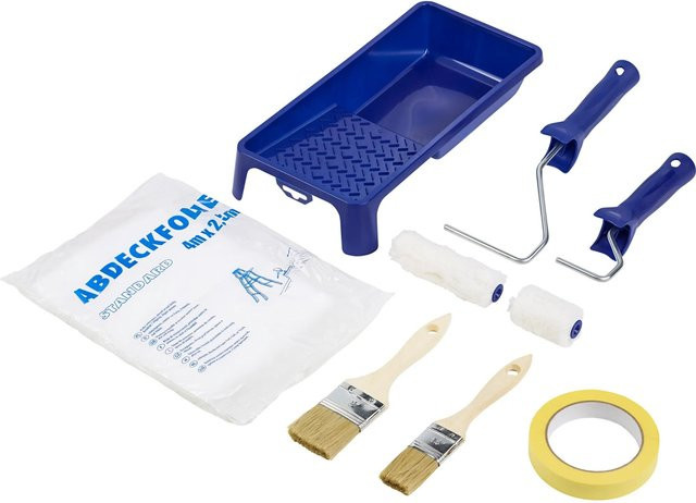 LUX-TOOLS Malerset 9-teilig in Blau mit Pinsel, Rolle, Abdeckfolie, Malerkrepp und Farbwanne aus Polyester und Kunststoff - Bild 1