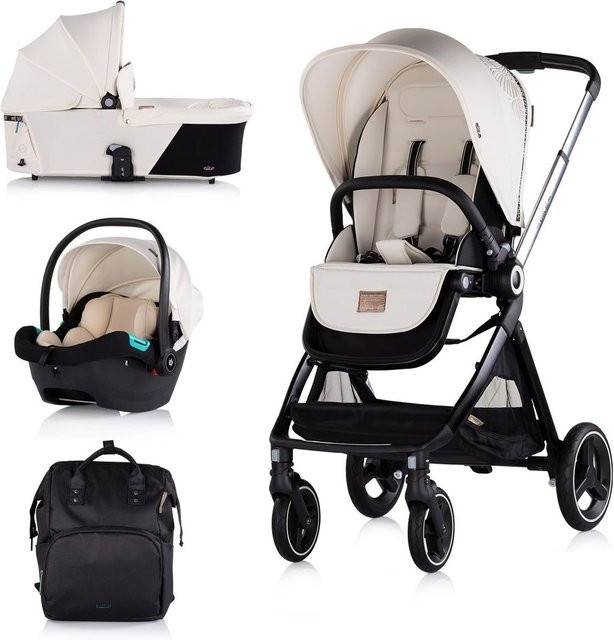 Chipolino Kinderwagen Elite 3 in 1 Kombikinderwagen mit i-Size Babyschale, Sportsitz, Babywanne und Wickeltasche in Schwarz Beige - Bild 1
