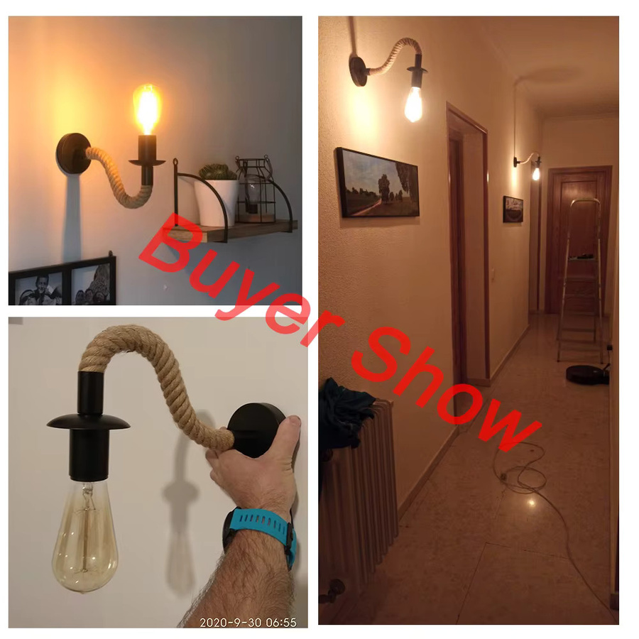 PARKSON Vintage Hanfseil Wandleuchte E27 Retro Wandlampe aus Holz und Metall für Wohnzimmer, Badezimmer und Flur in Schwarz und Braun - Bild 5