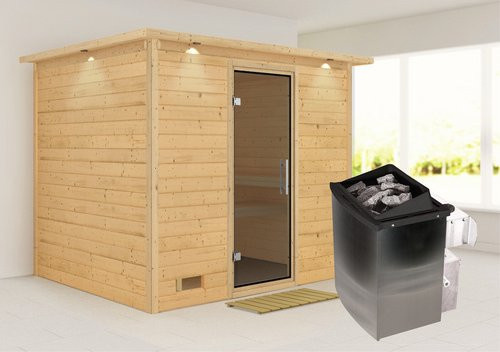 Karibu Sauna Paldiski aus Fichtenholz in Beige mit 9 kW Saunaofen und integrierter Steuerung für 4 Personen, B/T/H: 264 x 198 x 212 cm - Bild 1
