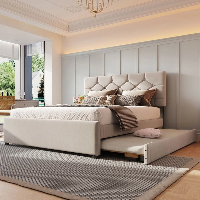 okwish Polsterbett für Kinder aus Samt mit Rollcontainer und Knopfmuster, B/T: 140 x 200 cm, Farben: Beige oder Pink - Bild 1