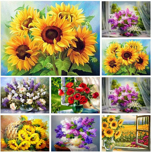AZQSD 5D-Diamantgemälde zum Selbermachen mit Blumenmosaik aus Sonnenblumen, Flieder und Mohn in Multicolor, B x H: 30 x 40 cm - Bild 1