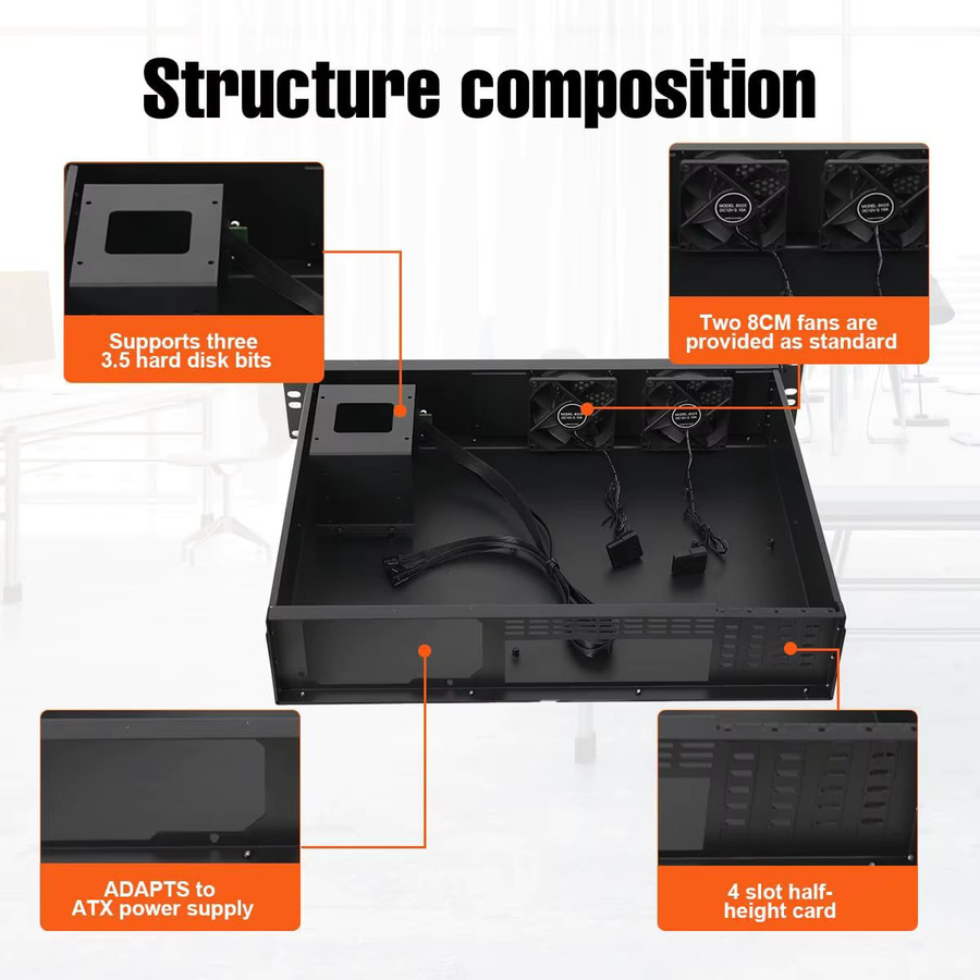 Kompaktes 2U Rackmount-Servergehäuse für industrielle Steuerungen und Datenspeicher in Schwarz - Bild 2