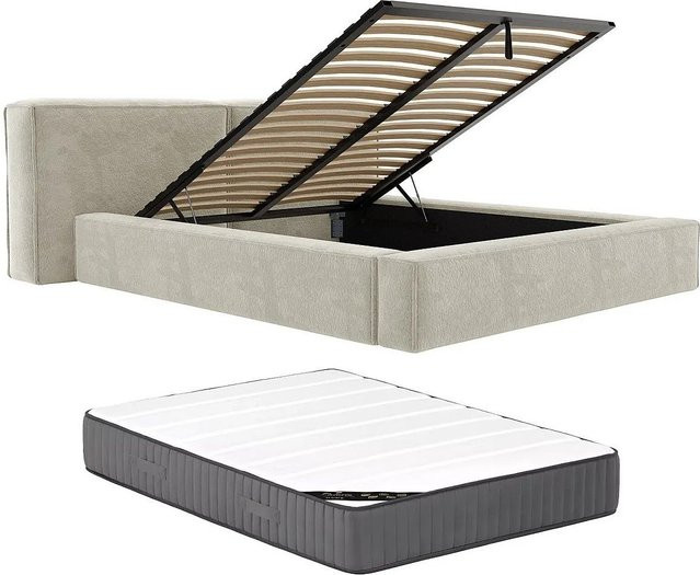 Vente-unique Bett Timano mit Bettkasten in Beige aus Bouclé-Stoff, B/T/H: 140 x 190 x 206 cm - Bild 1