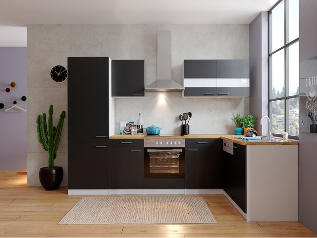 Respekta Winkelküche mit Kühl-Gefrierkombination KBL280WSCGKEG in Schwarz-Weiß und Nussbaum, B: 280 cm, T: 172 cm, H: 200 cm - Bild 1