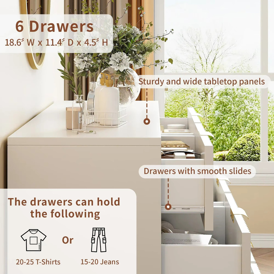 Comanlai Kommode mit 4 oder 6 Schubladen für Schlafzimmer und Wohnzimmer, moderner Aufbewahrungsschrank aus Holz in Weiß Matt - Bild 2