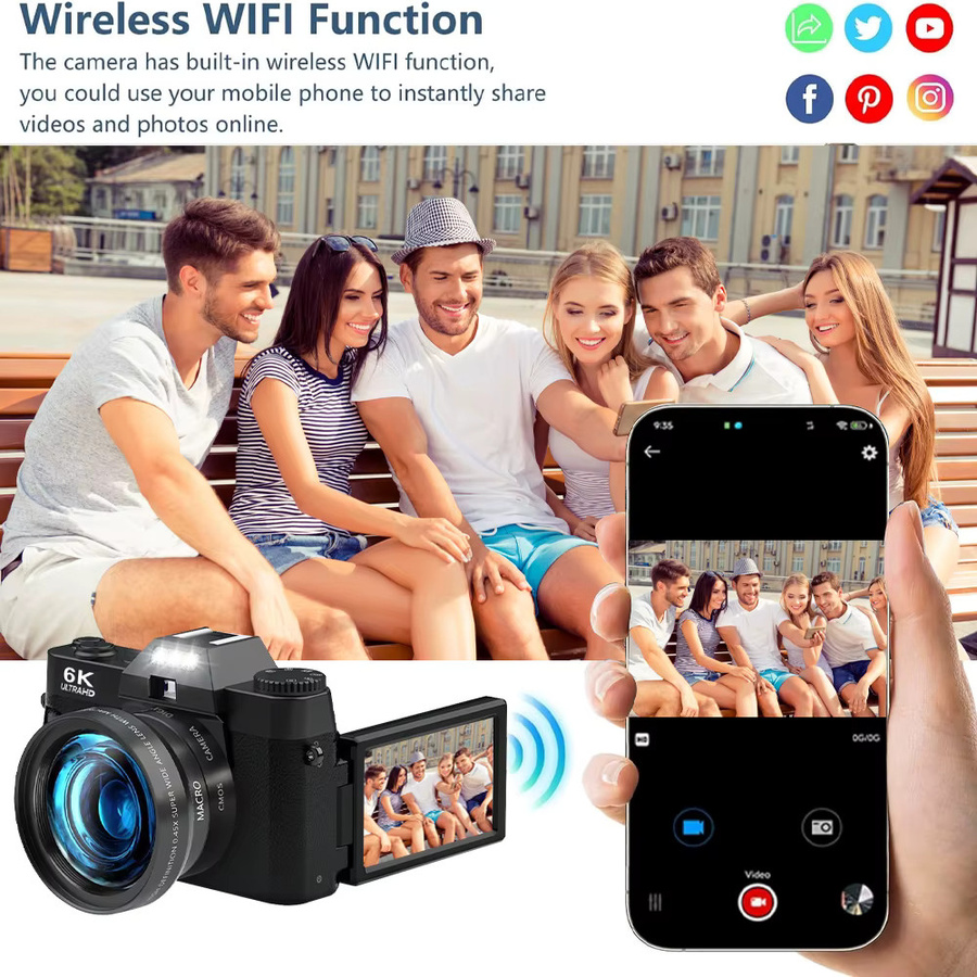 Ourlife 6K Kompakte Digitalkamera mit 64MP, 16X Digitalzoom, 3 Zoll 180° Flip-Screen und WLAN in Schwarz - Bild 5