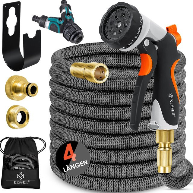 KESSER Premium Flexibler Gartenschlauch in Grau mit Wandhalterung und Flow Control aus Messing - Bild 1