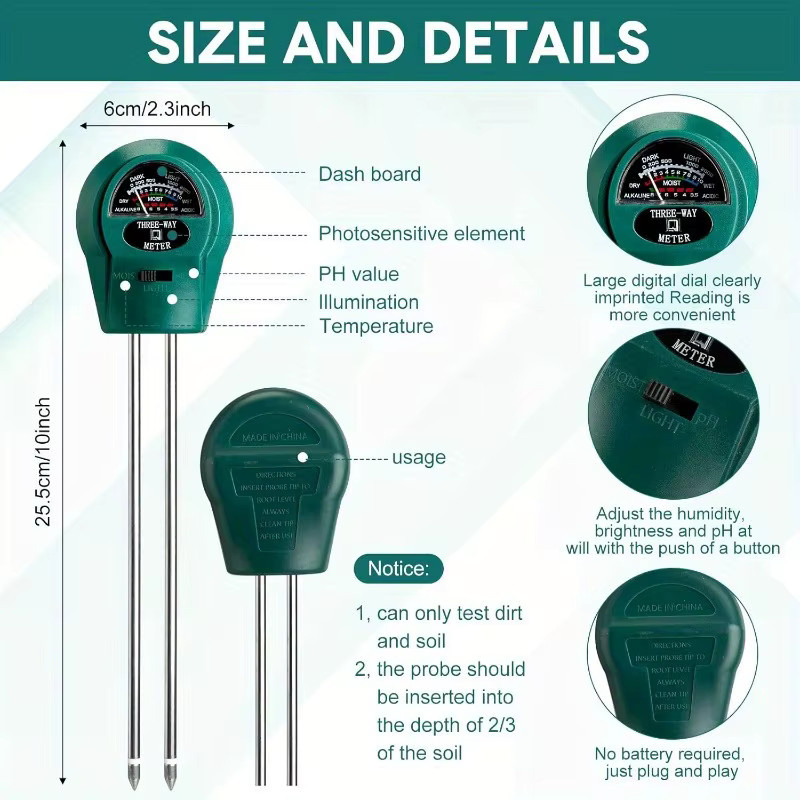 3-in-1 Boden-PH-Tester und 4-in-1 Feuchtigkeitsmesser für Licht, Säure und Bodenfeuchtigkeit in Grün - Bild 2