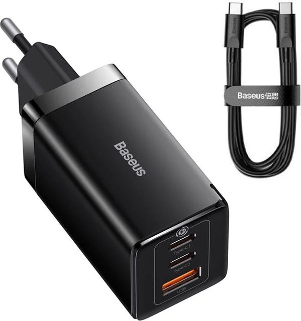 Baseus GaN5 Pro Netzteil mit USB-C-Kabel, 65W, 3,25A, 1 x USB-A und 2 x USB-C, Schwarz CCGP120201 - Bild 1