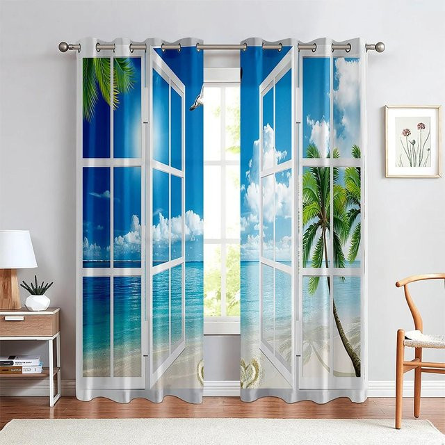 Yiran Furniture Vorhänge mit 3D-Druck Landschaft Wald und Meer, 2er-Set, halbtransparent, Multicolor, Breite: 135 cm, Höhe: 185 cm - Bild 1