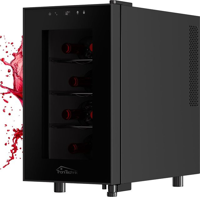Tronitechnik Weinkühlschrank Marseille Minibar in Schwarz mit Glastür und LED-Innenbeleuchtung, 23 Liter Kapazität für 8 Flaschen - Bild 1