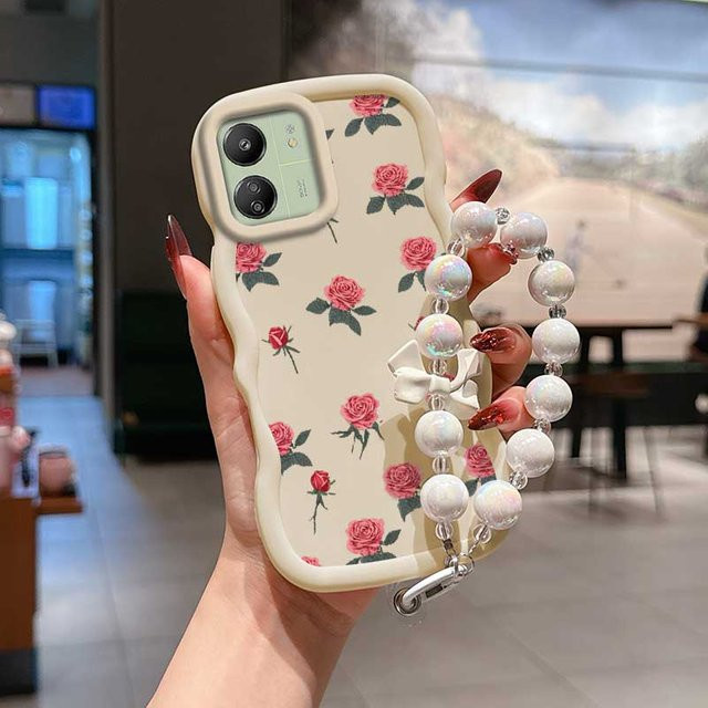 Xiaomi Poco C65 Handyhülle mit Scattered Roses Design und Trageband, Schwarz/Mehrfarbig - Bild 1