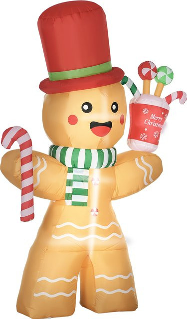 Aufblasbarer HOMCOM Lebkuchenmann Weihnachtsdekoration mit LED-Lichtern und Zuckerstangen, Farbe: Orange, Höhe: 235 cm - Bild 1