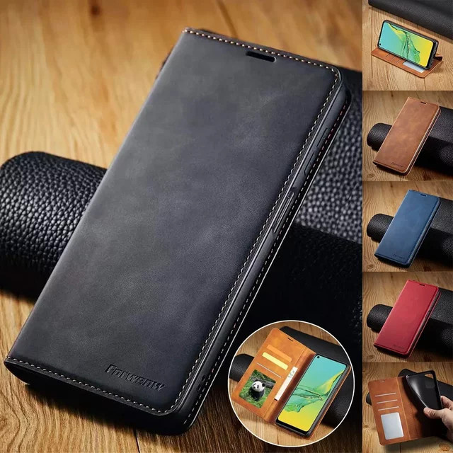 Samsung Leder-Brieftasche als Flip Cover für Galaxy S24 S23 S22 S21 S20 FE Ultra Plus S10 S9 S8 Plus A25 A52s A53 A12 A71 A51 in Braun - Bild 1