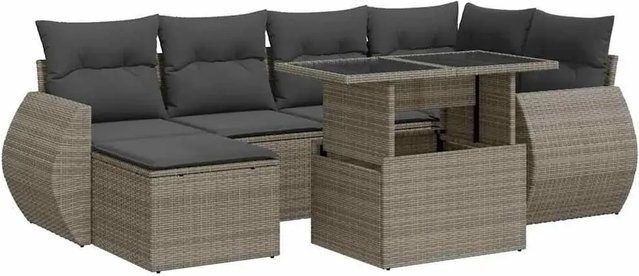 vidaXL 7-teilige Garten-Sofagarnitur in L-Form aus grauem Poly-Rattan mit Kissen und pulverbeschichtetem Stahlgestell - Bild 1