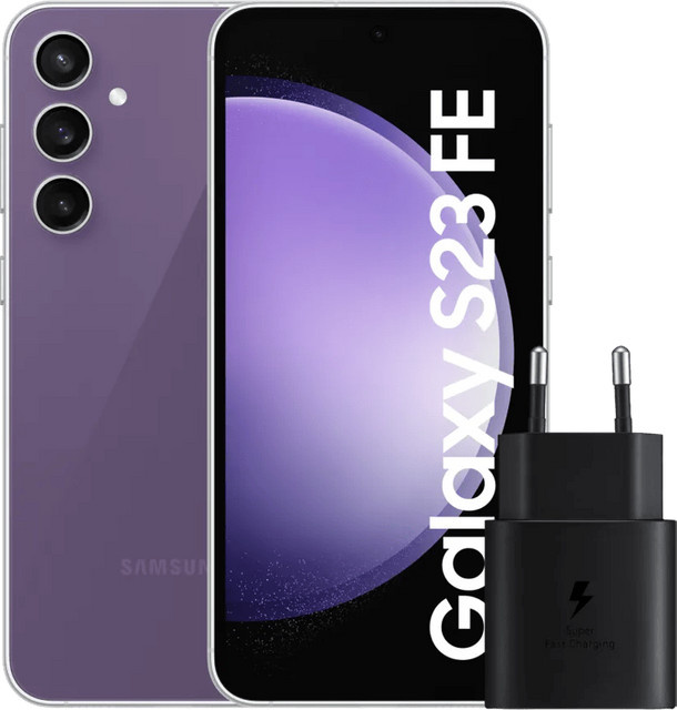 Samsung Galaxy S23 FE 128GB Lila 5G Smartphone mit Samsung 25 Watt Ladegerät Schwarz - Bild 1
