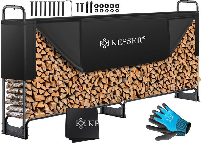 KESSER Kaminholzregal aus Metall in Schwarz mit Abdeckung und Handschuhen, wetterfester Kaminholzunterstand mit Stahlrahmen für Garten und Terrasse - Bild 1