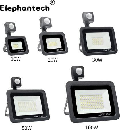 Elephantech LED Outdoor Flutlicht mit PIR Bewegungssensor, Schwarz, Aluminium