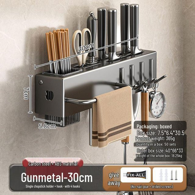 HomeHarmony Multifunktionaler Küchenmesser- und Stäbchenhalter mit Magnetleiste, Grau, Selbstklebend - Bild 1