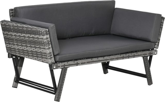 Outsunny Polyrattan Gartensofa Grau mit Armlehnen und Polsterkissen, B: 63 cm, T: 129 cm, H: 67 cm - Bild 1