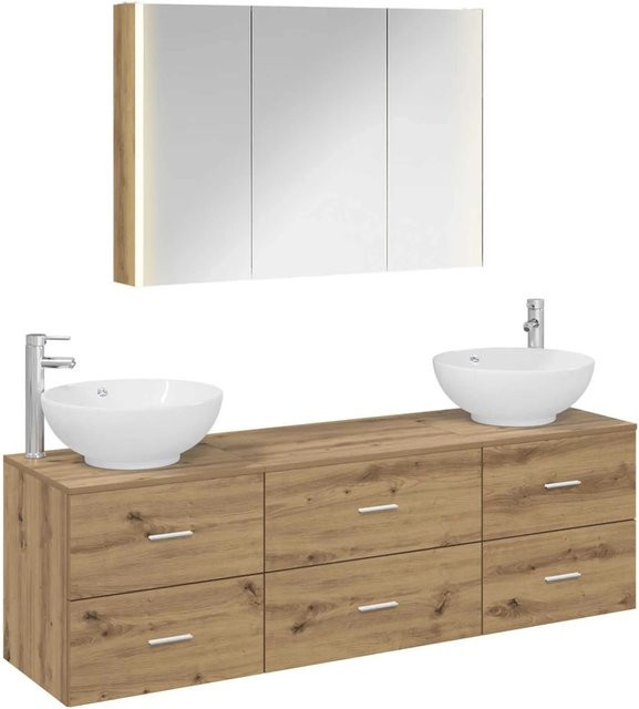 vidaXL Badezimmermöbel-Set 4-teilig in Artisan-Eiche mit Glas und LED-Beleuchtung, Braun - Bild 1