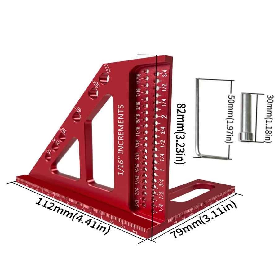 GDART 3D Multi-Winkel Holzbearbeitungs-Winkelmesser aus Aluminium-Legierung als T-Typ Anreißer in Silber oder Rot mit 22,5/30/45/60/67,5/90 Grad Gehrungsdreieck-Lineal - Bild 3