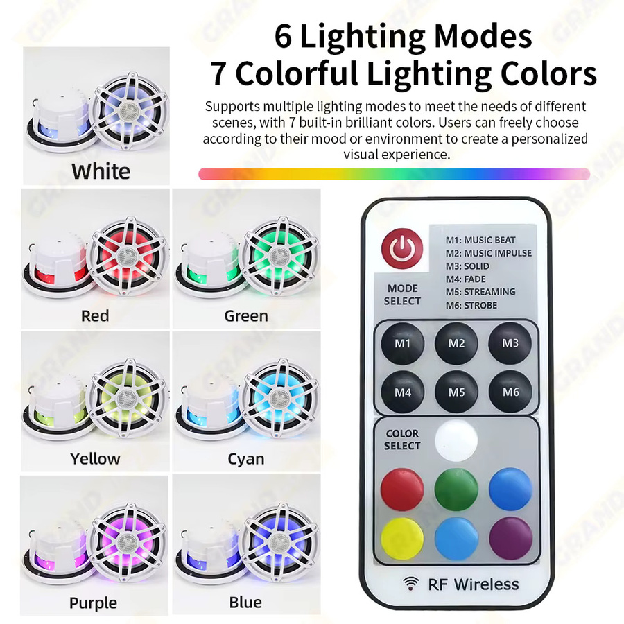 Grandnavi 2er Set Marine-Lautsprecher mit RGB-Beleuchtung, 6,5 Zoll, 300W, wasserdicht IPX67, Schwarz/Multicolor - Bild 3