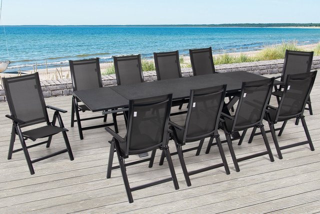 OUTFLEXX Garten-Essgruppe aus Aluminium und Keramik in Anthrazit mit 10 Klappstühlen und ausziehbarer Tischplatte - Bild 1